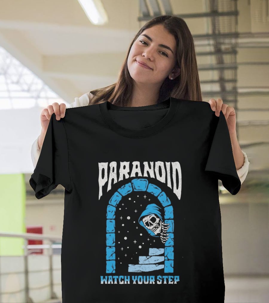 Paranoid Skeleton Peeking Stone Archway Your Step T-Shirt