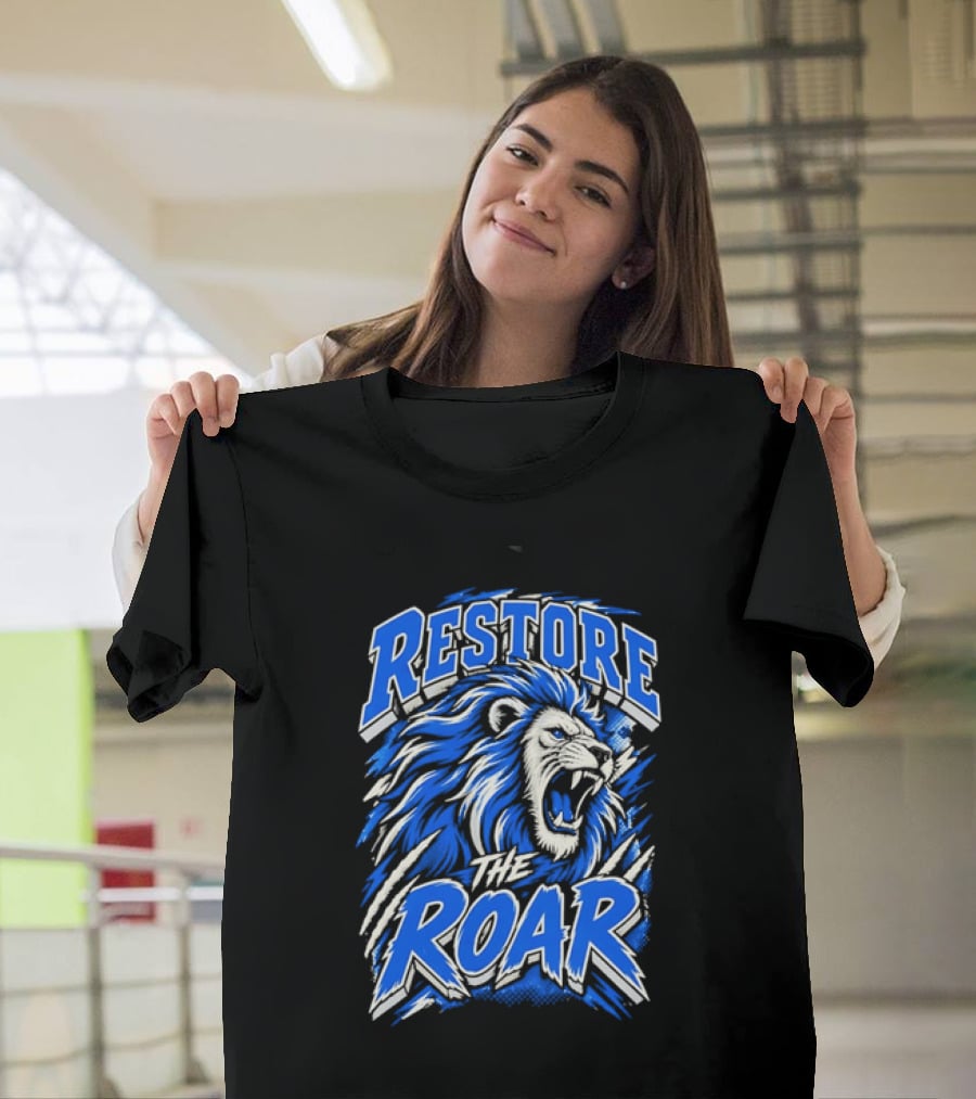 Restore The Roar Blue Lion Head With Halftone Scratch Marks T-Shirt
