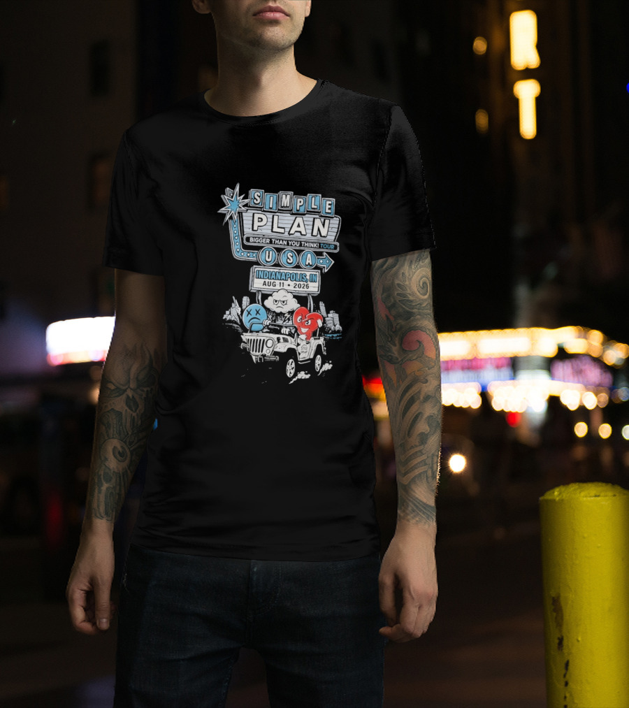 Simple Plan Indianapolis IN 2026 Bigger Than You Think Tour August 11 White River State Park USA Classic Car And Happy Heart T-Shirt