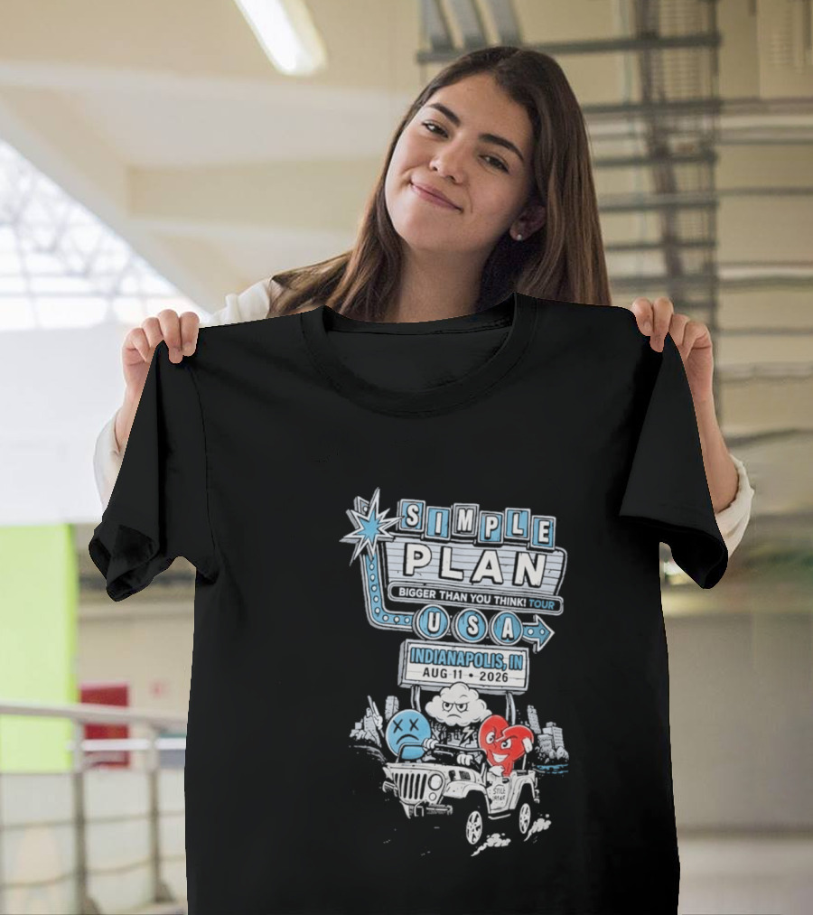 Simple Plan Indianapolis IN 2026 Bigger Than You Think Tour August 11 White River State Park USA Classic Car And Happy Heart T-Shirt