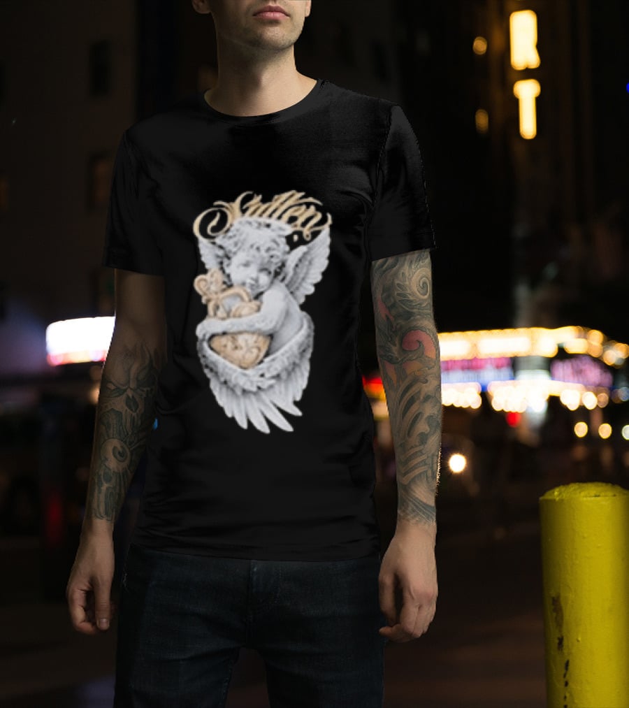 Sullen Heavenly Angel Embracing Heart T-Shirt