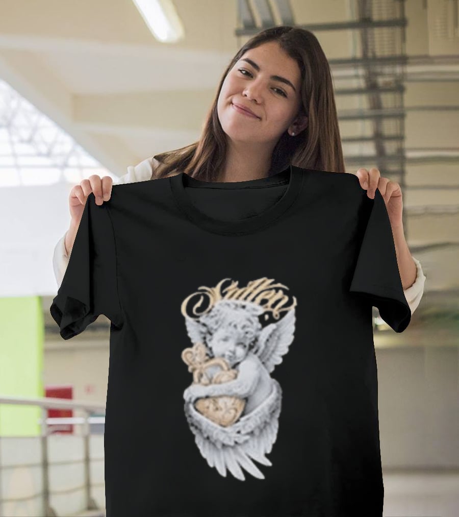 Sullen Heavenly Angel Embracing Heart T-Shirt