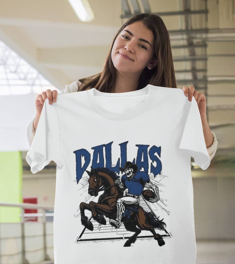 Dallas Cowboy Skeleton Riding Horse Playing Football T-Shirt