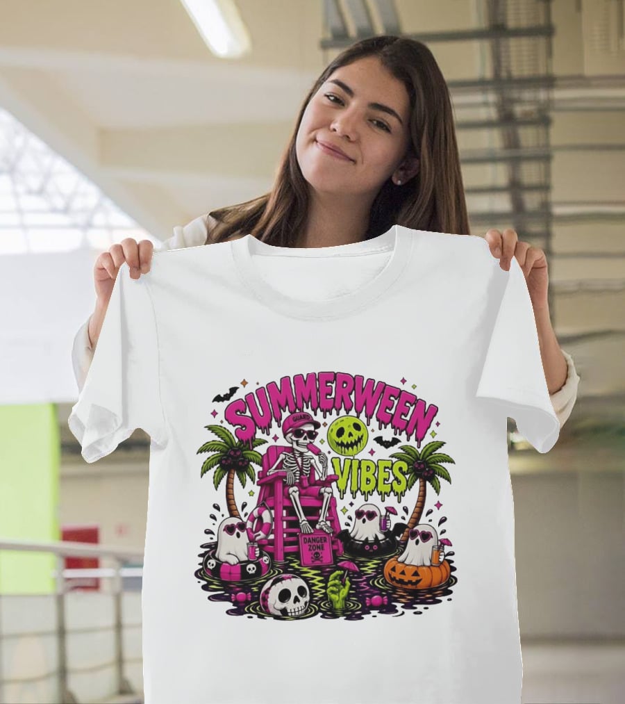 Summerween Vibes Halloween Skeleton Beach Party 2026 T-Shirt