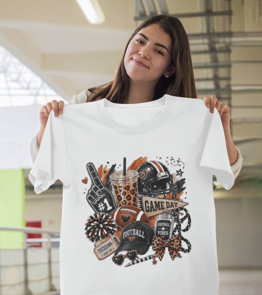 Leopard Game Day Football Touchdown Vibes #1 Fan Helmet Pom Pom Bow T-Shirt