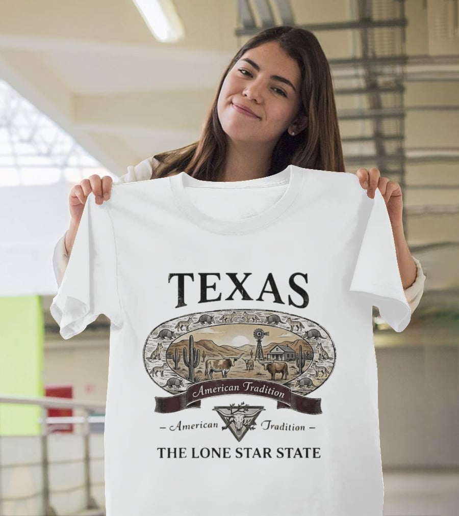 Texas American Tradition The Lone Star State Armadillo Longhorn Desert Scene T-Shirt
