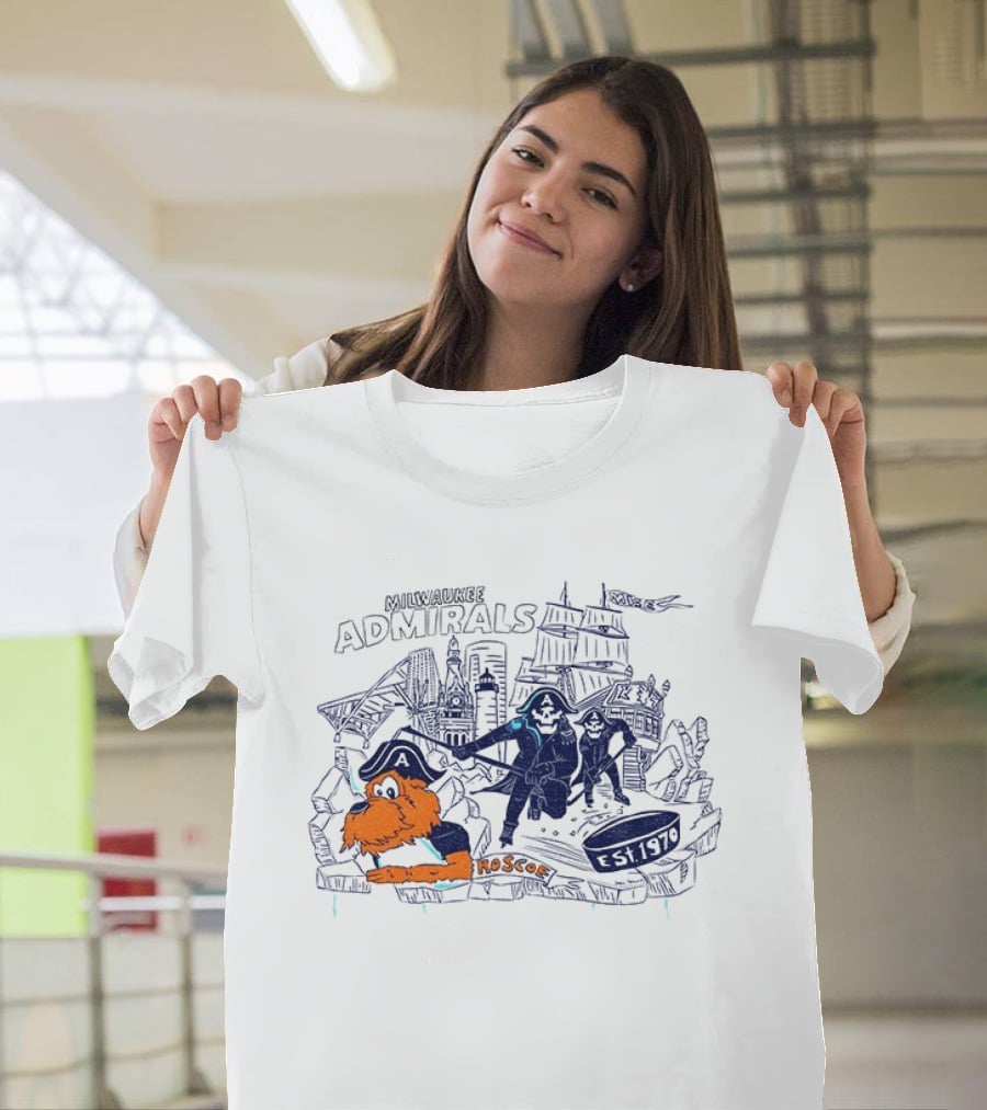 Milwaukee Admirals Roscoe Est 1970 Hockey Mascot And Cityscape T-Shirt