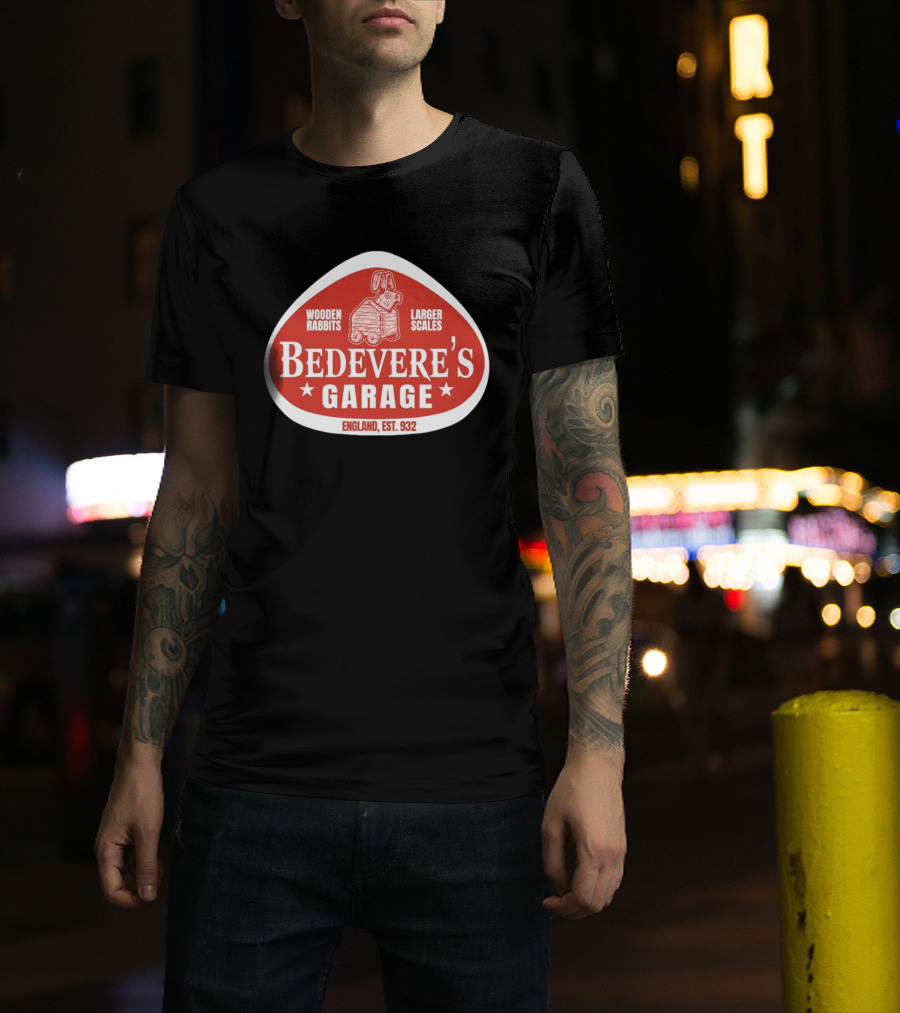 Bedevere's Garage England 932 AD Wooden Rabbits Larger Scales Monty Python T-Shirt