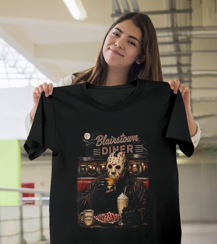 Blairstown Diner Killer Food Killer Coffee Halloween 1949 Masked Character Eating Burger And Milkshake T-Shirt