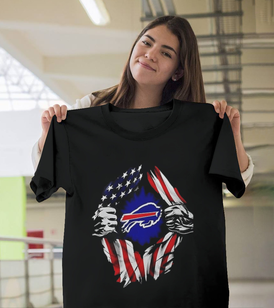 Buffalo Bills Superman Skull Cap Backwards American Flag Rip T-Shirt
