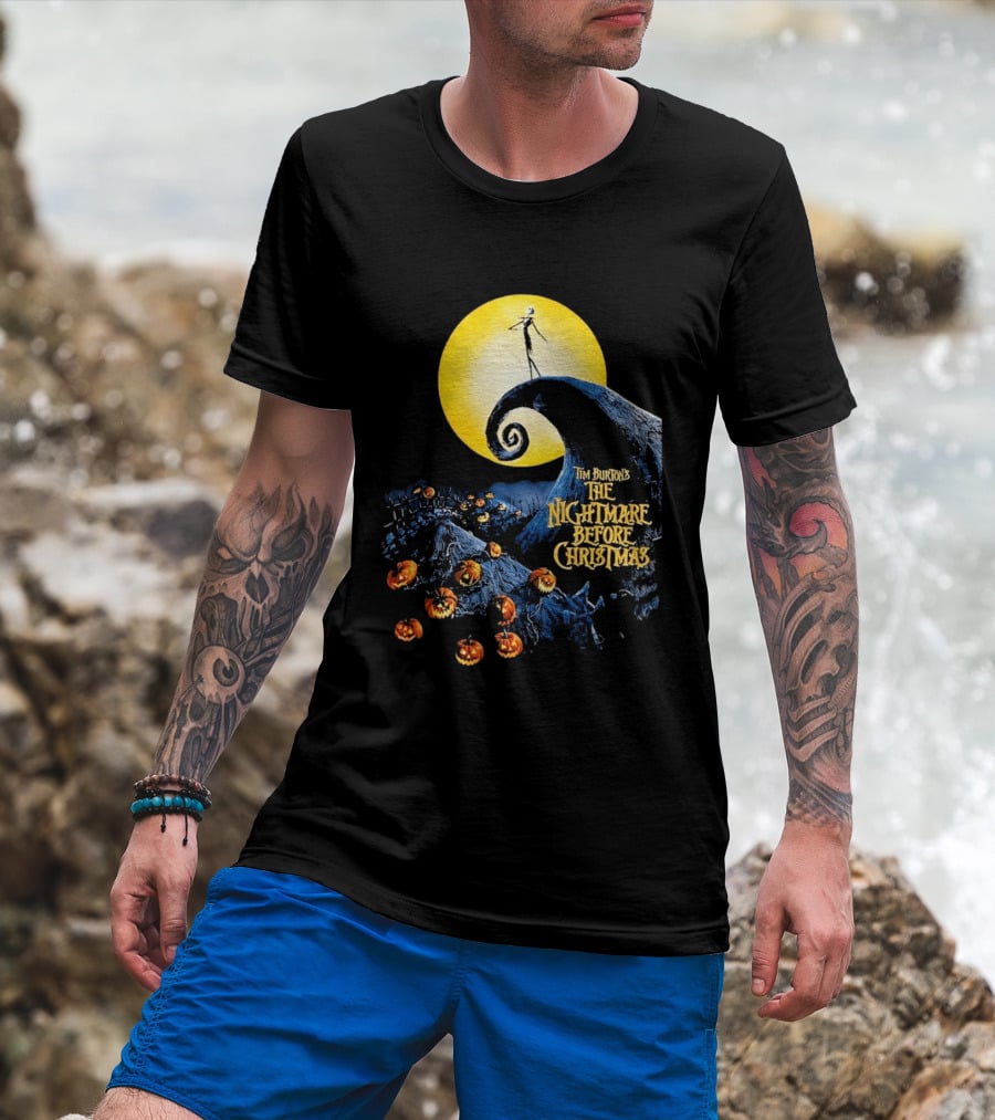 Tim Burton's The Nightmare Before Christmas Jack Skellington Moon Scene With Pumpkins T-Shirt
