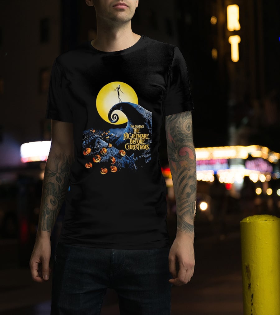 Tim Burton's The Nightmare Before Christmas Jack Skellington Moon Scene With Pumpkins T-Shirt