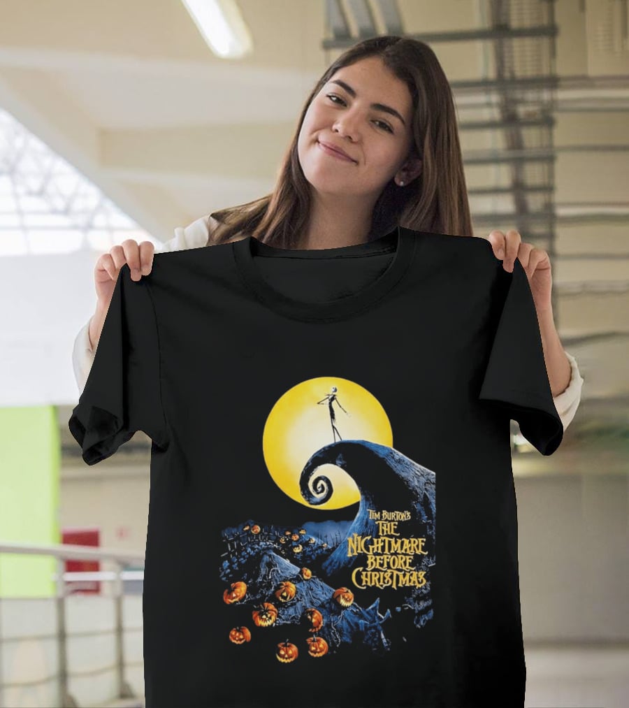 Tim Burton's The Nightmare Before Christmas Jack Skellington Moon Scene With Pumpkins T-Shirt