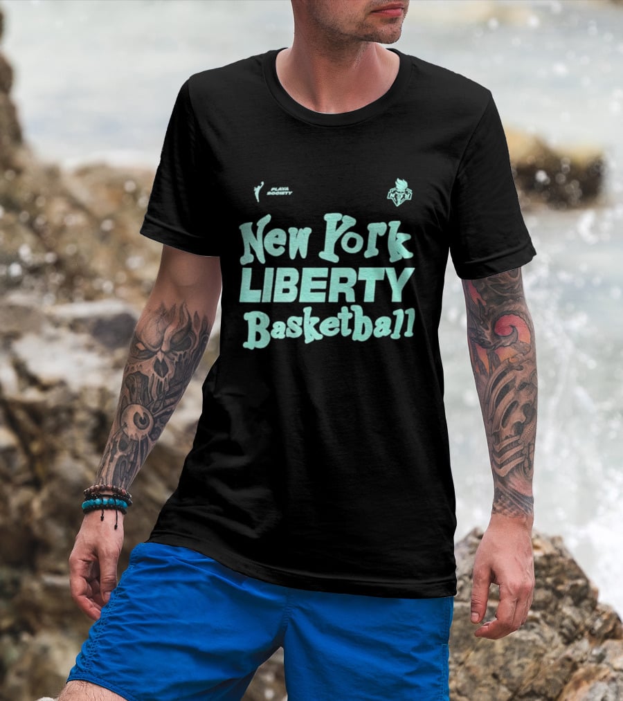 Jason Sudeikis Playa Society New York Liberty Basketball Wordmark T-Shirt