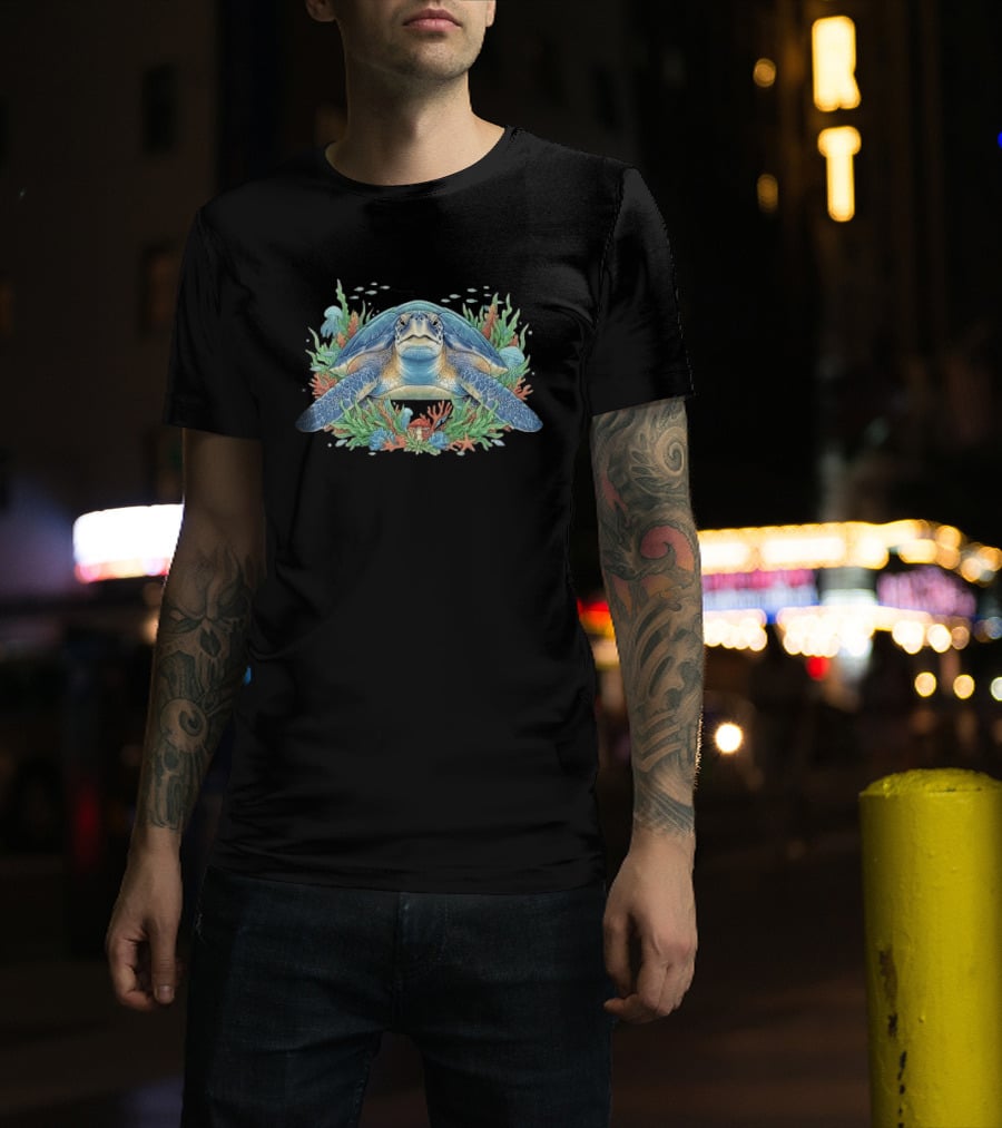 Sea Turtle With Coral Reef Red Mushroom And Starfish Underwater Scene T-Shirt