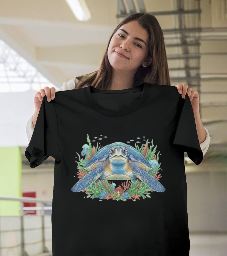 Sea Turtle With Coral Reef Red Mushroom And Starfish Underwater Scene T-Shirt