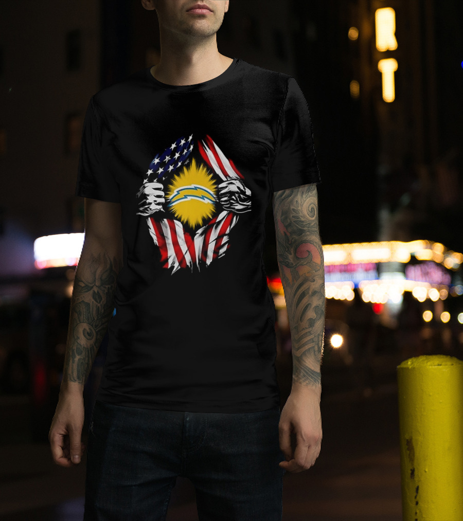 Los Angeles Chargers Superman Skull Cap Backwards USA Flag Power T-Shirt