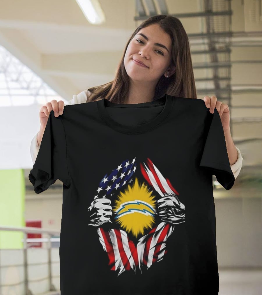 Los Angeles Chargers Superman Skull Cap Backwards USA Flag Power T-Shirt