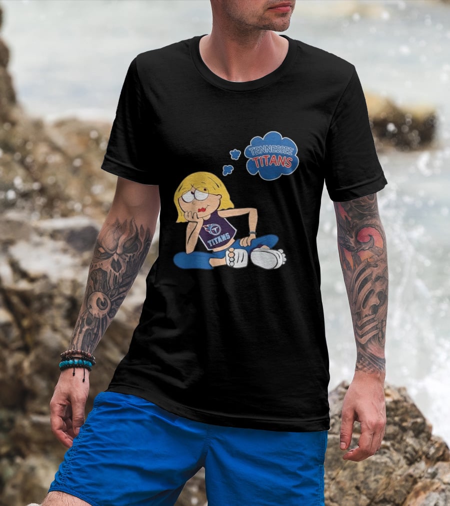 Tennessee Titans Blonde Cartoon Girl Sitting Thinking Thought Bubble Titans T-Shirt