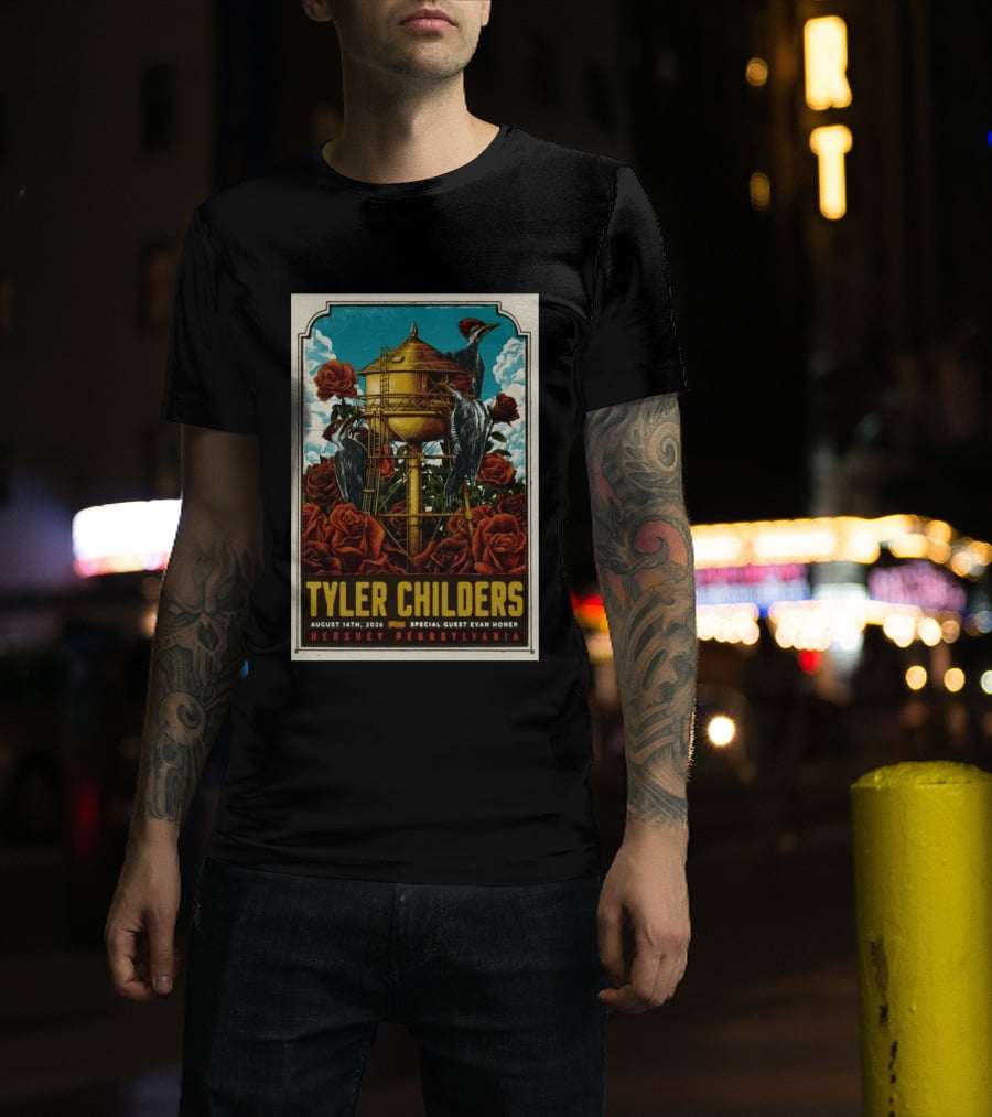 Tyler Childers August 14 2026 Hershey PA Water Tower Woodpeckers Roses T-Shirt
