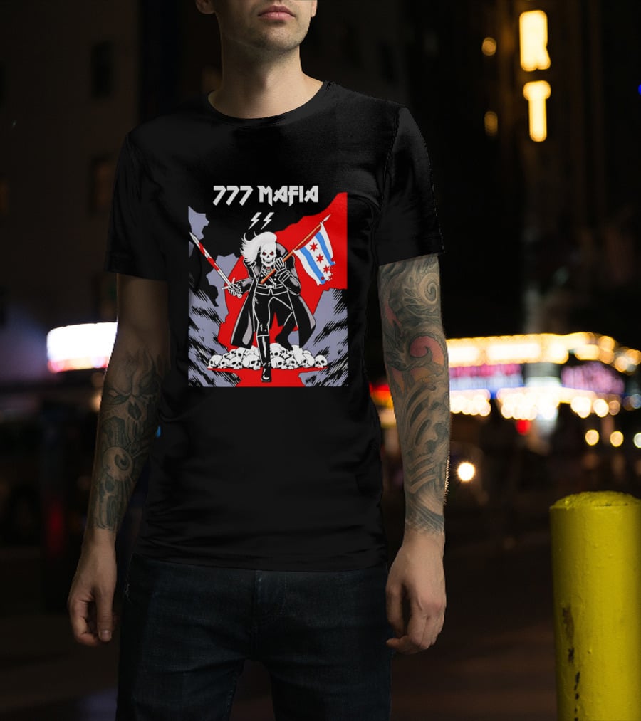 777 Mafia Chicago Flag Skeleton Skull T-Shirt