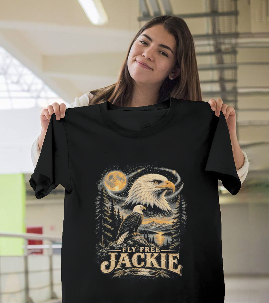 Fly Free Jackie Bald Eagle Scenic Tribute Moonlit Forest Landscape T-Shirt