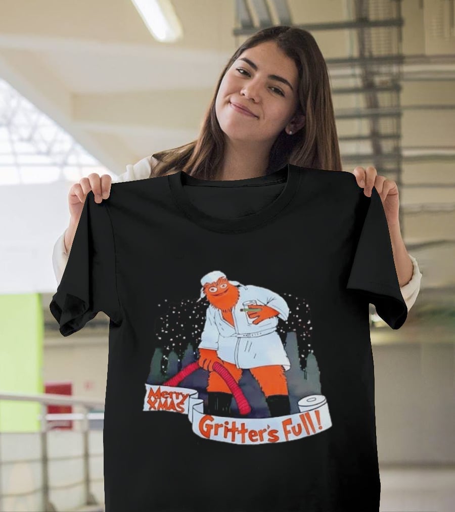 Merry Xmas Gritters Full Cartoon Orange Bathrobe Holding Hose T-Shirt