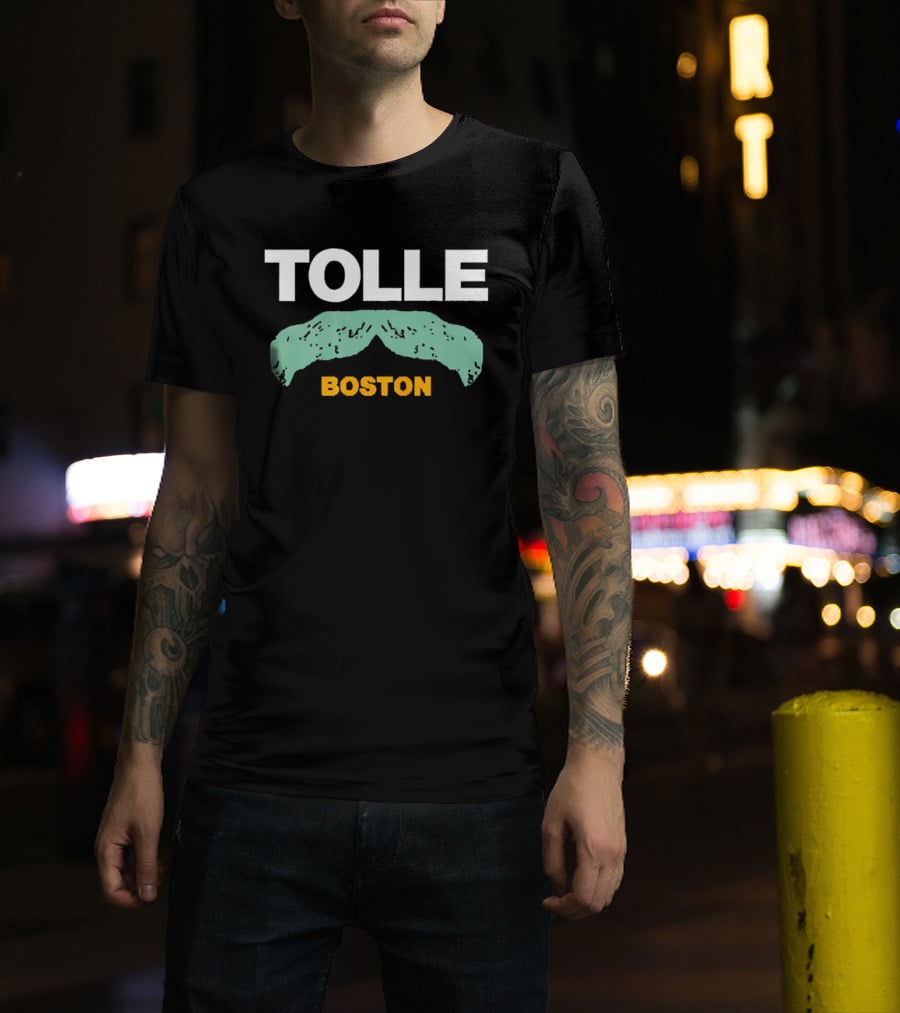 Tolle Boston White And Yellow Distressed Green Mustache T-Shirt