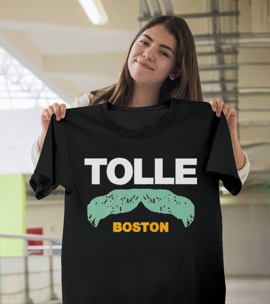 Tolle Boston White And Yellow Distressed Green Mustache T-Shirt