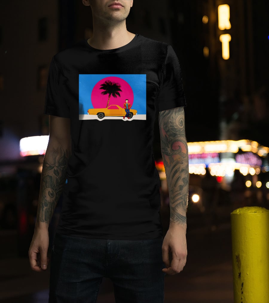 Yellow Car Palm Tree Retro Sunset Aesthetic T-Shirt