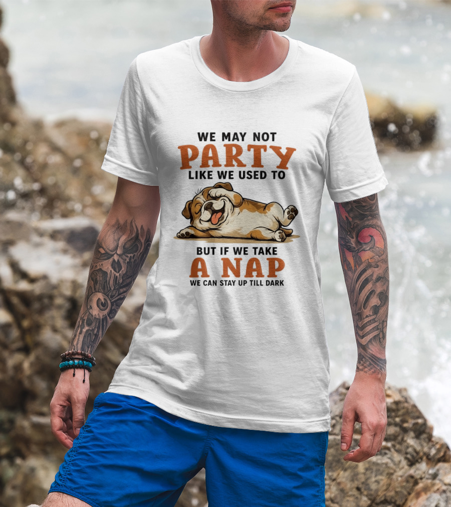 We May Not Party Like We Used To But If We Take A Nap We Can Stay Up Till Dark Cartoon Bulldog Lying Down T-Shirt