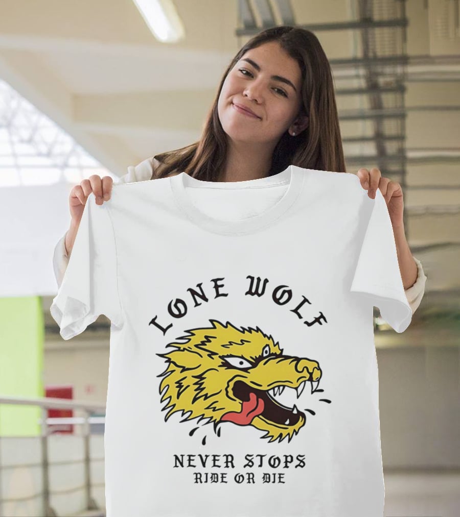 Lone Wolf Never Stops Ride Or Die Fierce Yellow Wolf Head T-Shirt