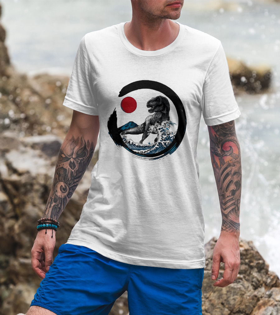 Tyrannosaurus Rex Riding Great Wave With Mount Fuji Enso And Red Sun T-Shirt