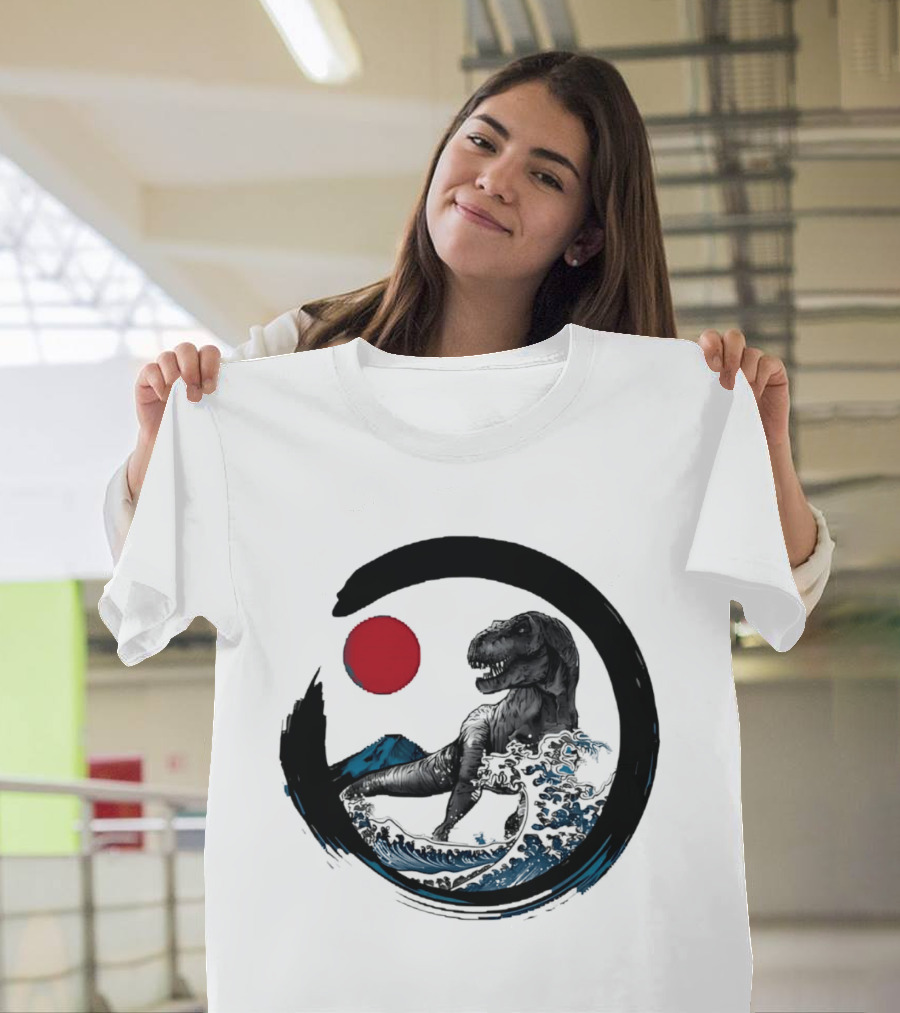 Tyrannosaurus Rex Riding Great Wave With Mount Fuji Enso And Red Sun T-Shirt