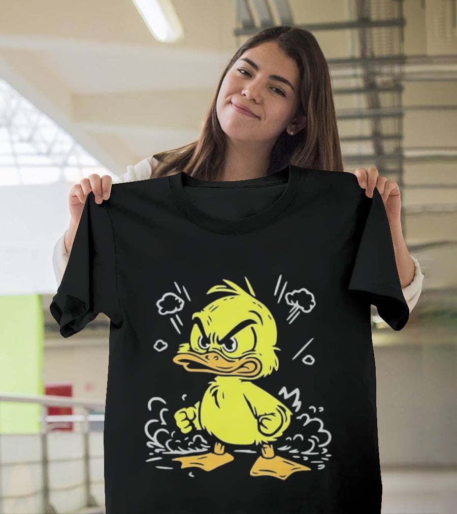 Angry Yellow Duckling Clenched Fists Smoke Clouds Cartoon Line T-Shirt