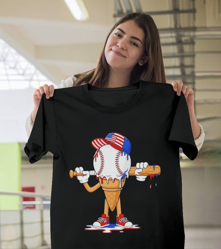 Patriotic Ice Cream Baseball Cone USA Flag Cap And Bat T-Shirt