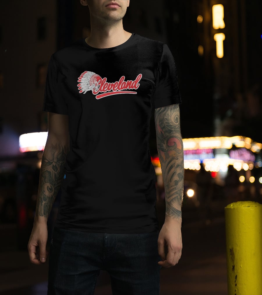 Cleveland Native American Feather Headdress Distressed Script T-Shirt