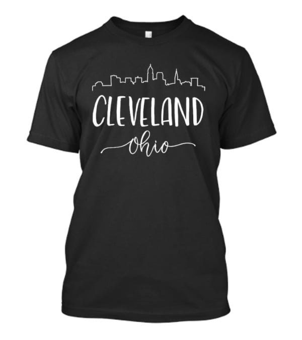 Cleveland Ohio Skyline Buildings White Script T-Shirt
