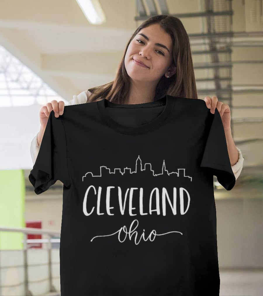 Cleveland Ohio Skyline Buildings White Script T-Shirt