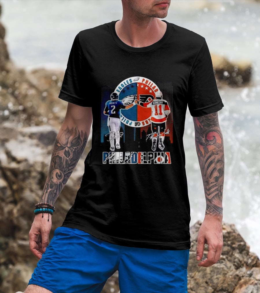 Philadelphia Eagles Flyers Hurts Konecny Fist Bump Split Crest Skyline T-Shirt