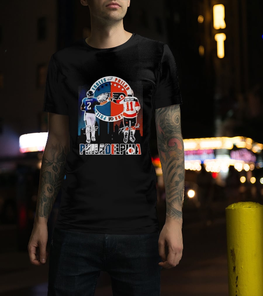 Philadelphia Eagles Flyers Hurts Konecny Fist Bump Split Crest Skyline T-Shirt