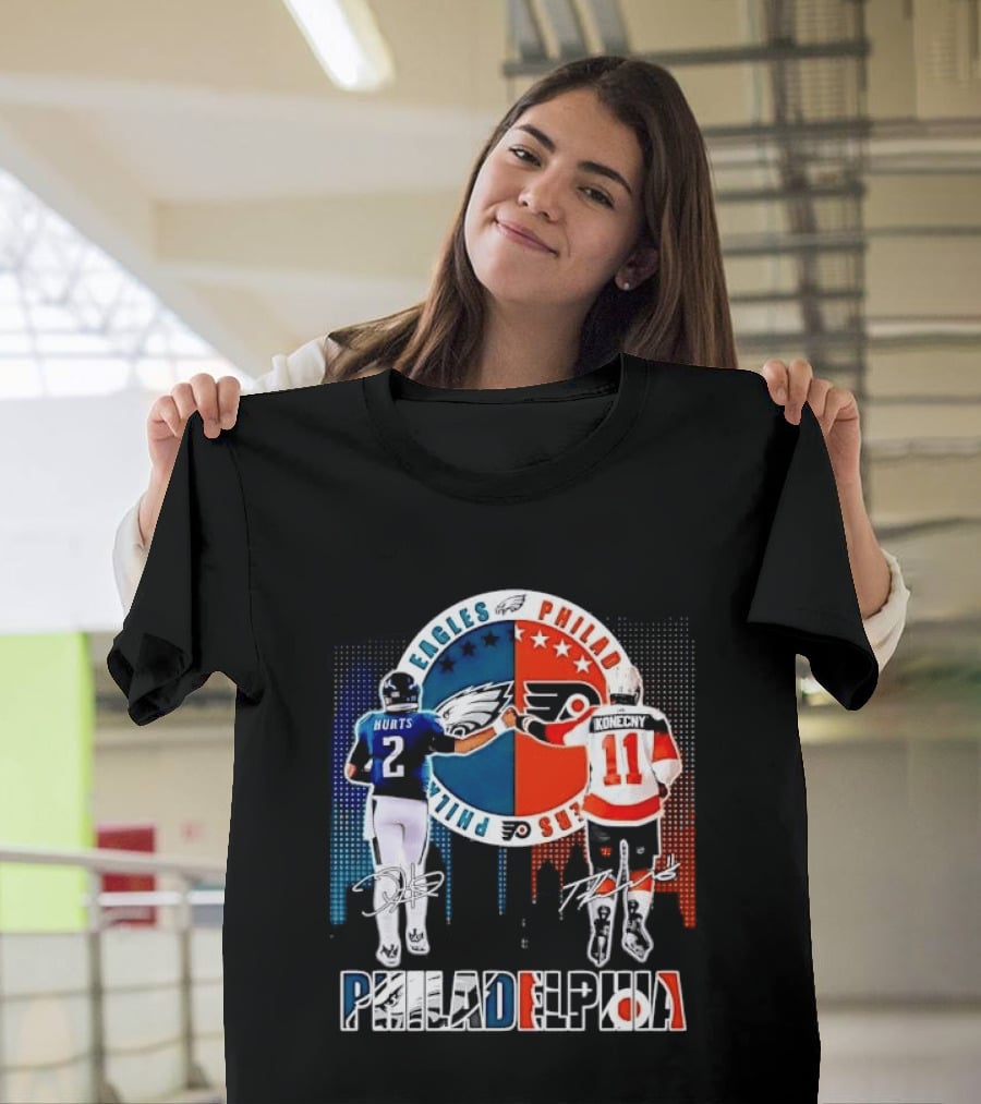 Philadelphia Eagles Flyers Hurts Konecny Fist Bump Split Crest Skyline T-Shirt