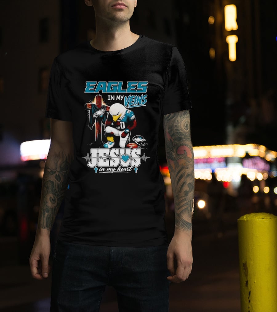 Eagles In My Veins Jesus In My Heart Kneeling Cross Football Helmet T-Shirt