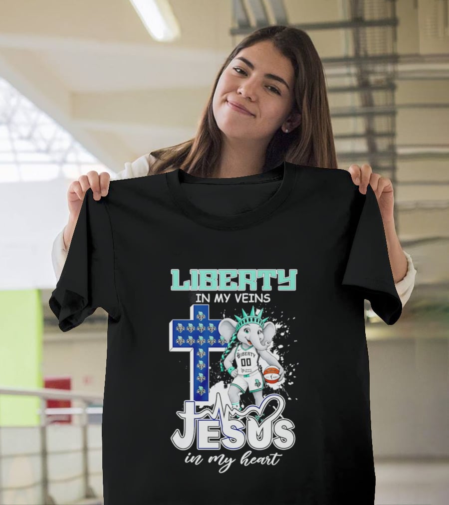 Liberty In My Veins Jesus In My Heart New York Liberty Elephant Basketball Cross T-Shirt