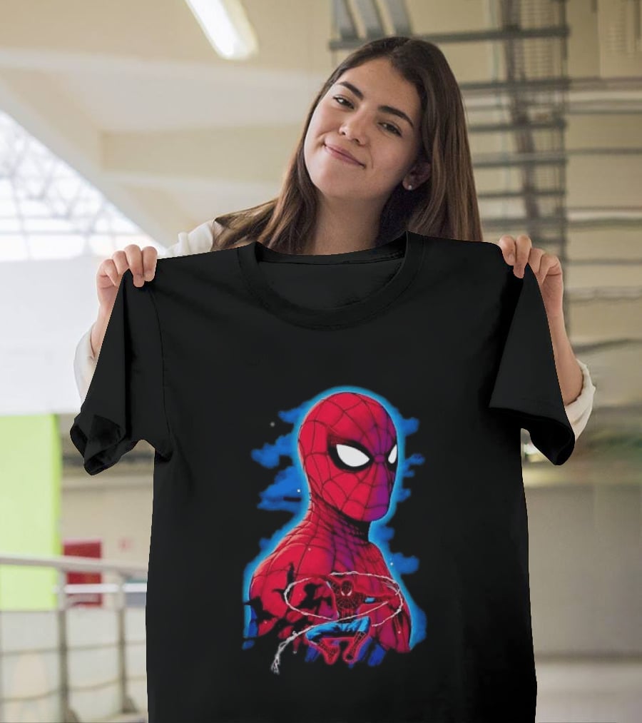 Marvel Spider Man Bust Crouching Web Action Silhouette Clouds T-Shirt