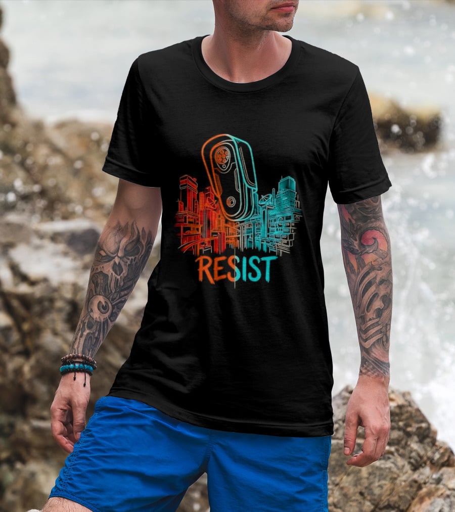Resist Surveillance Neon City Skyline Security Camera T-Shirt
