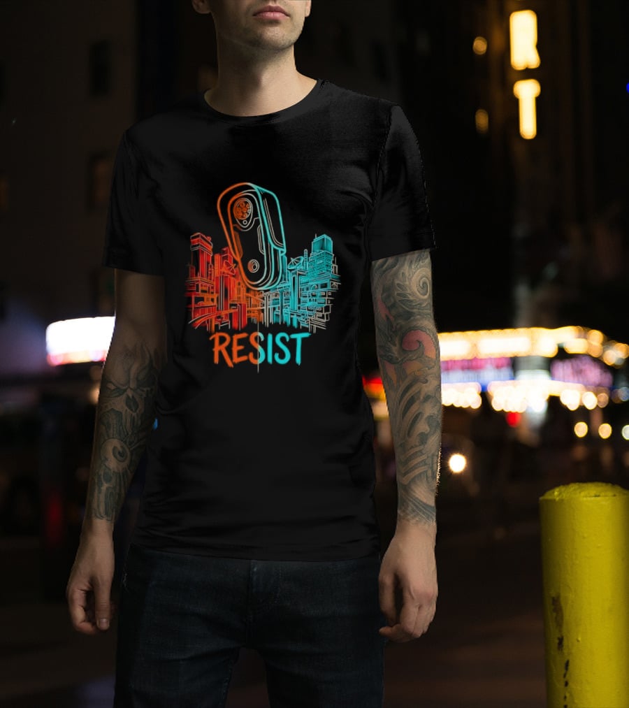Resist Surveillance Neon City Skyline Security Camera T-Shirt