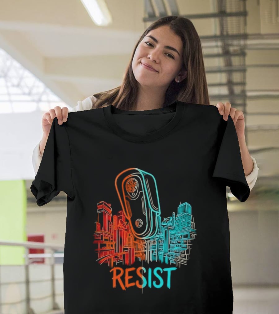 Resist Surveillance Neon City Skyline Security Camera T-Shirt