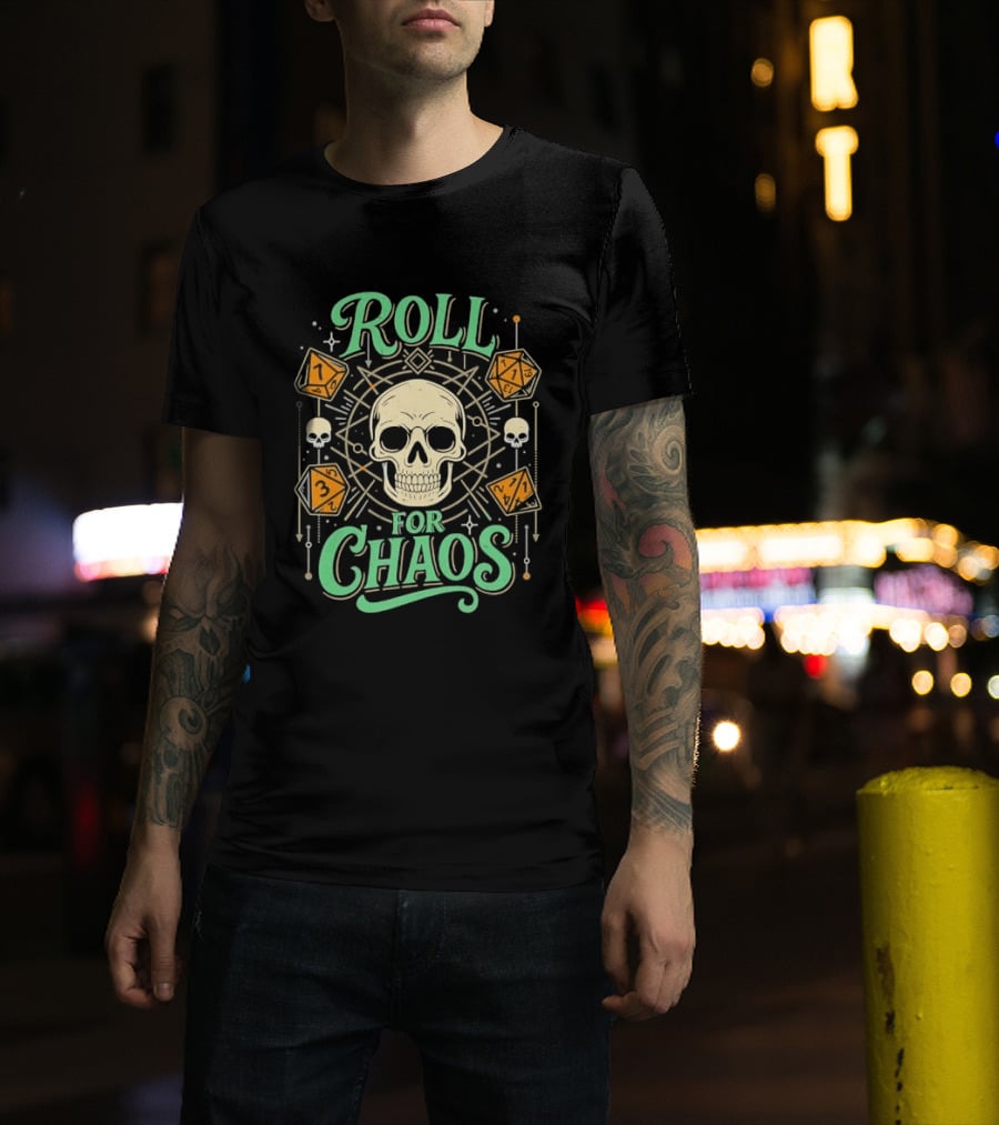 Roll For Chaos Skull RPG Dice Geometric Polyhedral Line T-Shirt
