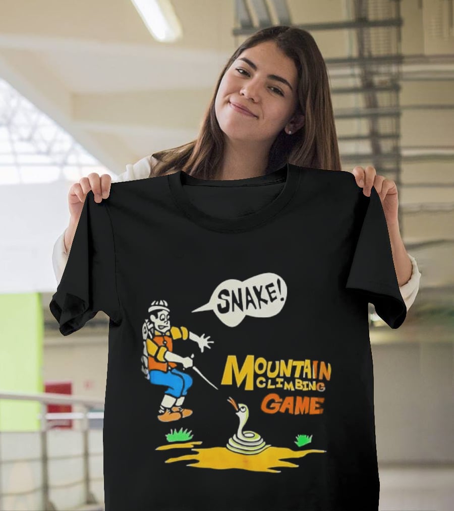 Snake Mountain Climbing Game Startled Climber Coiled Serpent Cartoon T-Shirt